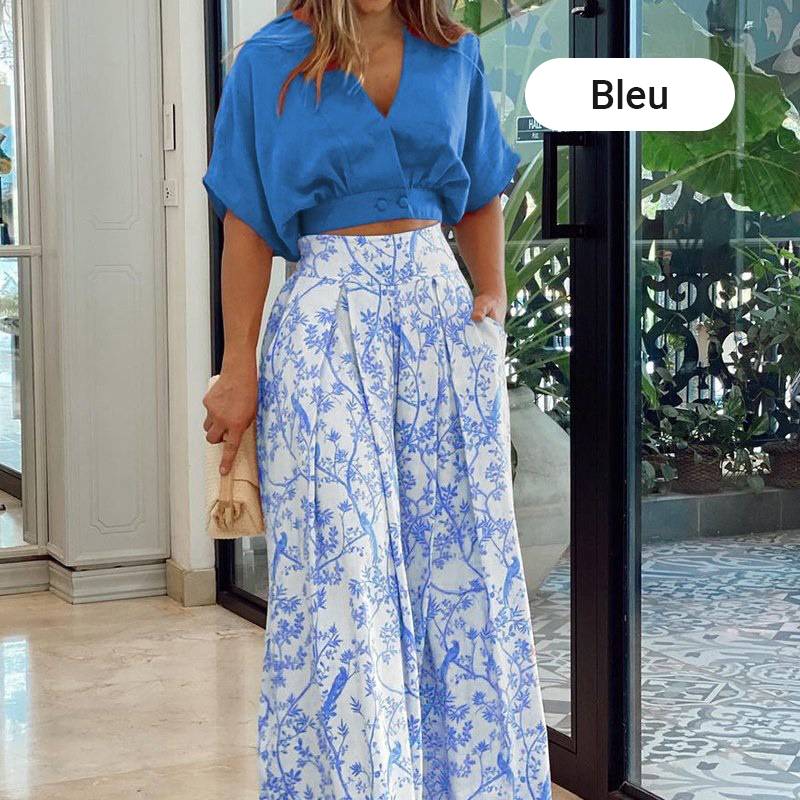 👗 50% korting ✨ Dames-set van twee stukken — top met V-hals + wijde broek met print 🌸