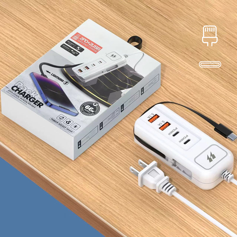 🎄⚡ ALTIJD 50% KORTING! Dit 66W Europese snellaadstopcontact met 2 PD + 2 USB en ingebouwde Type-C kabel laadt 4 apparaten tegelijk – nooit meer te weinig stopcontacten of losse kabels, veilig en compact!