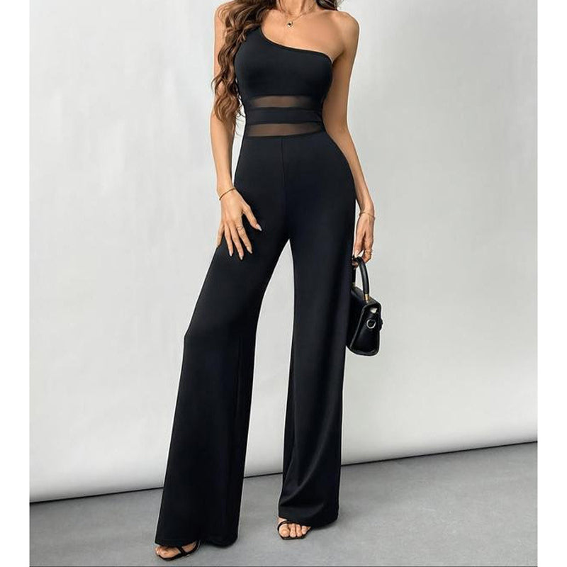 🔥 50% KORTING + GRATIS VERZENDING ✨ One-Shoulder Jumpsuit met Mesh Paneel & Wijde Pijpen | Elegant, Luchtig en Flatterend voor Elke Gelegenheid ✨👗