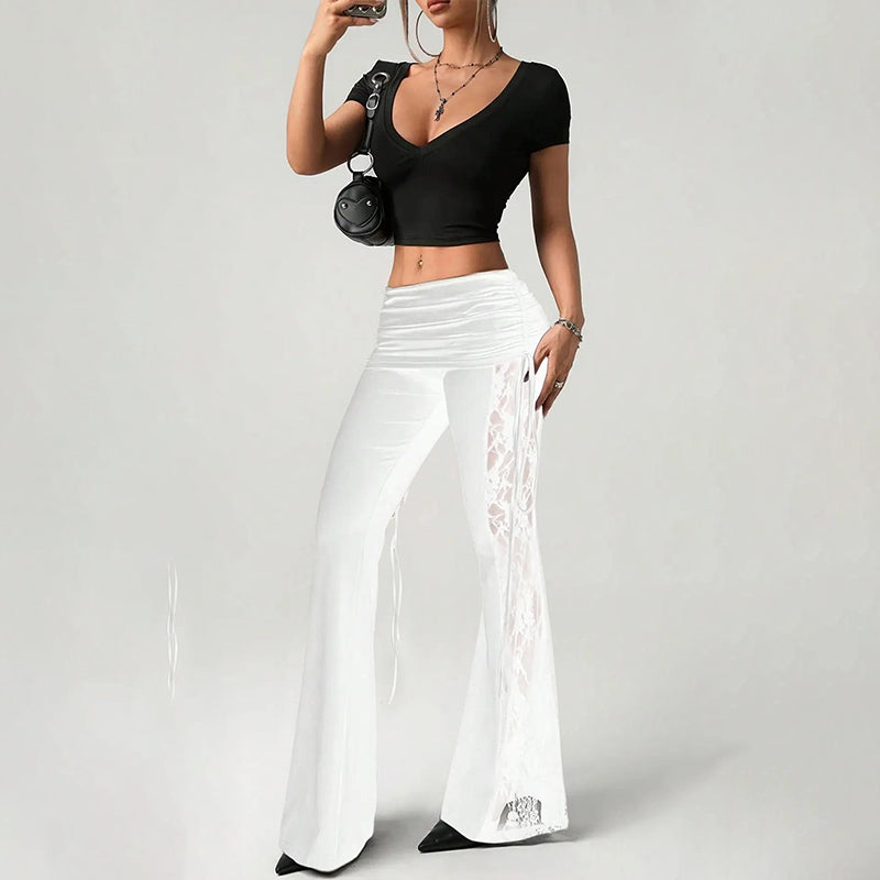 Dames Flare Broek met Kant en Gerimpelde Details