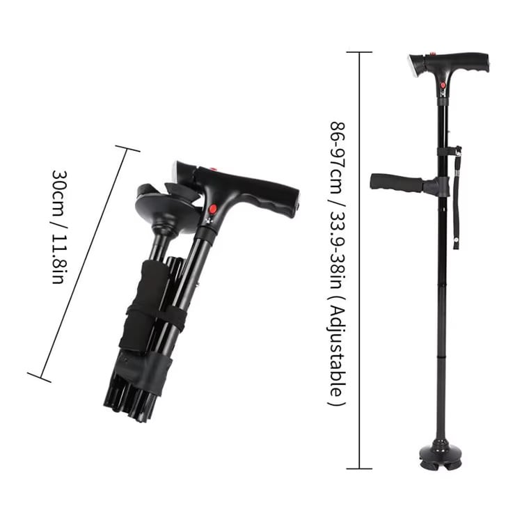 🦯 Multifunctionele opvouwbare wandelstok – met ingebouwd lampje, noodalarm, vierpotige voet en 5-traps hoogteverstelling✨