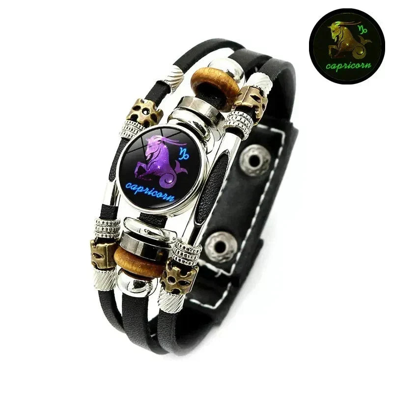 ⏰🎁Glow-in-the-Dark-armband met 12 sterrenbeelden van leer voor mannen en vrouwen (6,9/8,1 inch)