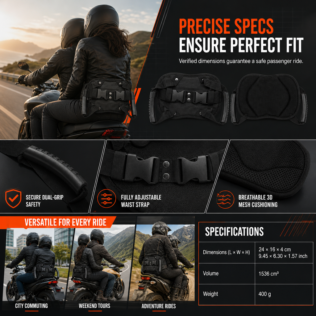 🏍️ Passagiersgreep: nylon met hoge treksterkte, ergonomische handgreep, verstelbare heupriem, voor motorfietsen