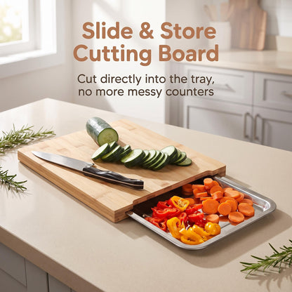 🥗 Snijplank van hout en roestvrij staal – Met ingebouwde uitschuifbare bakjes, duurzaam en gemakkelijk schoon te maken🧑‍🍳
