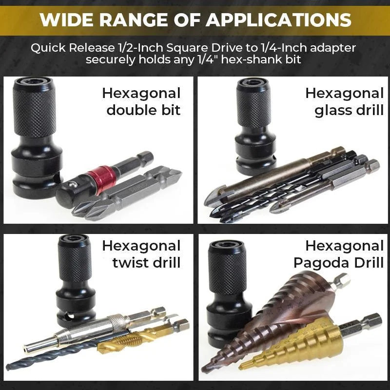 📢📢 50% KORTING!! ⏰ 1/4" Hex Shank Dopsleuteladapter – 1/2" naar 1/4", Snelontgrendeling ⚙️