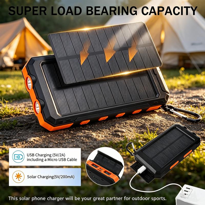 Draagbare powerbank op zonne-energie, oplader op zonne-energie met twee LED-zaklampen, powerbank voor op reis en kamperen