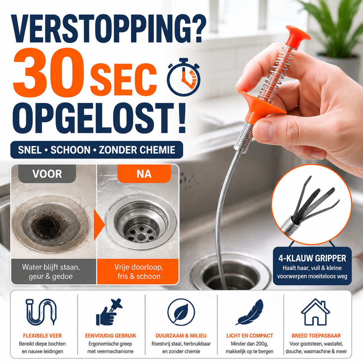 🛠️ Flexibele Afvoer Ontstopper met Grijperklauw | Verwijder Verstoppingen in Seconden