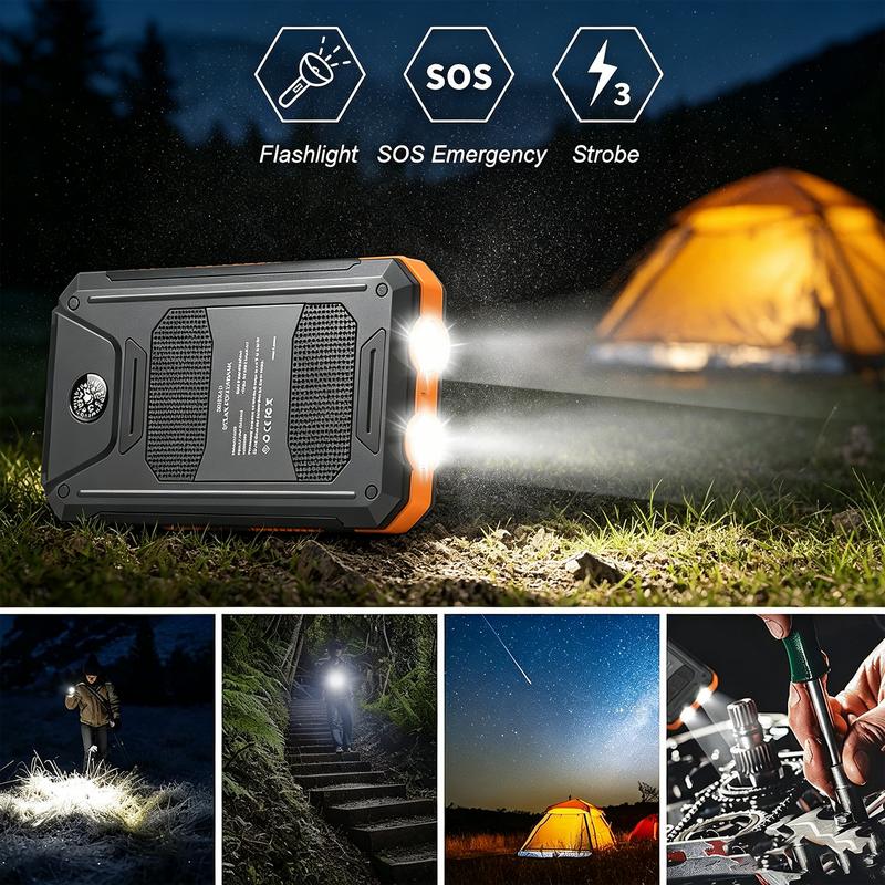 Draagbare powerbank op zonne-energie, oplader op zonne-energie met twee LED-zaklampen, powerbank voor op reis en kamperen