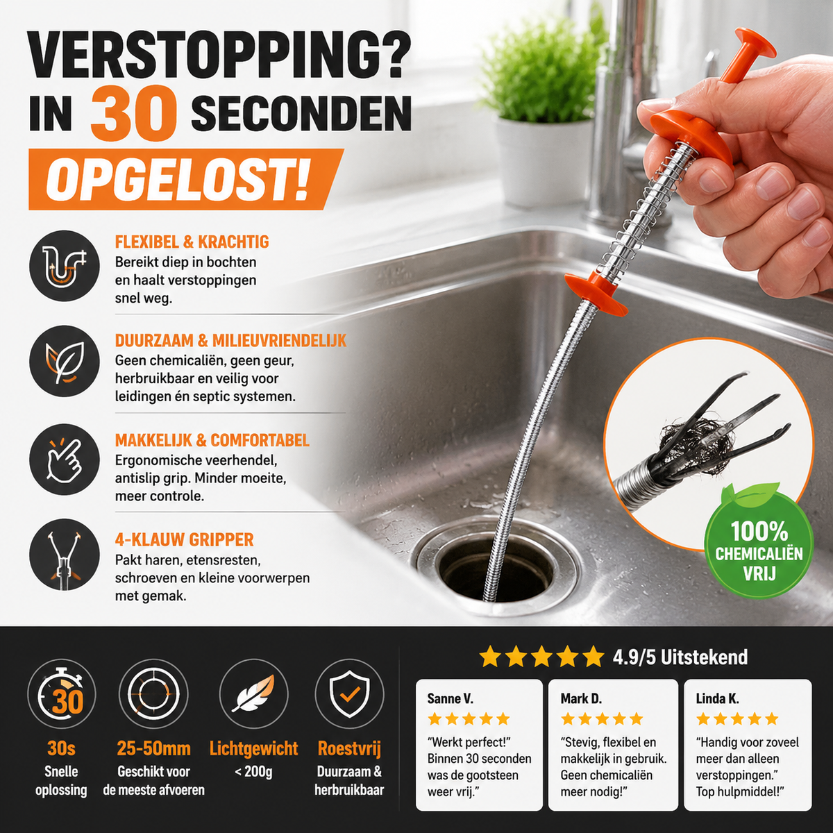 🛠️ Flexibele Afvoer Ontstopper met Grijperklauw | Verwijder Verstoppingen in Seconden