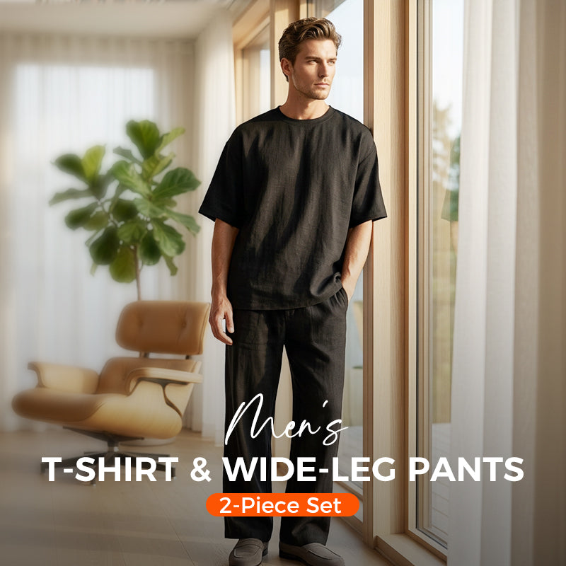 Tweedelige set bestaande uit een T-shirt en een broek met wijde pijpen voor heren