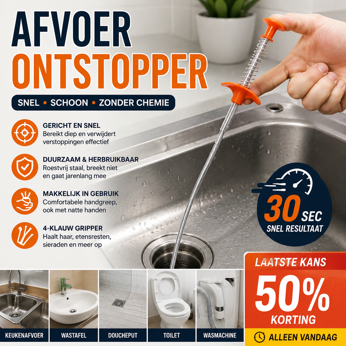 🛠️ Flexibele Afvoer Ontstopper met Grijperklauw | Verwijder Verstoppingen in Seconden