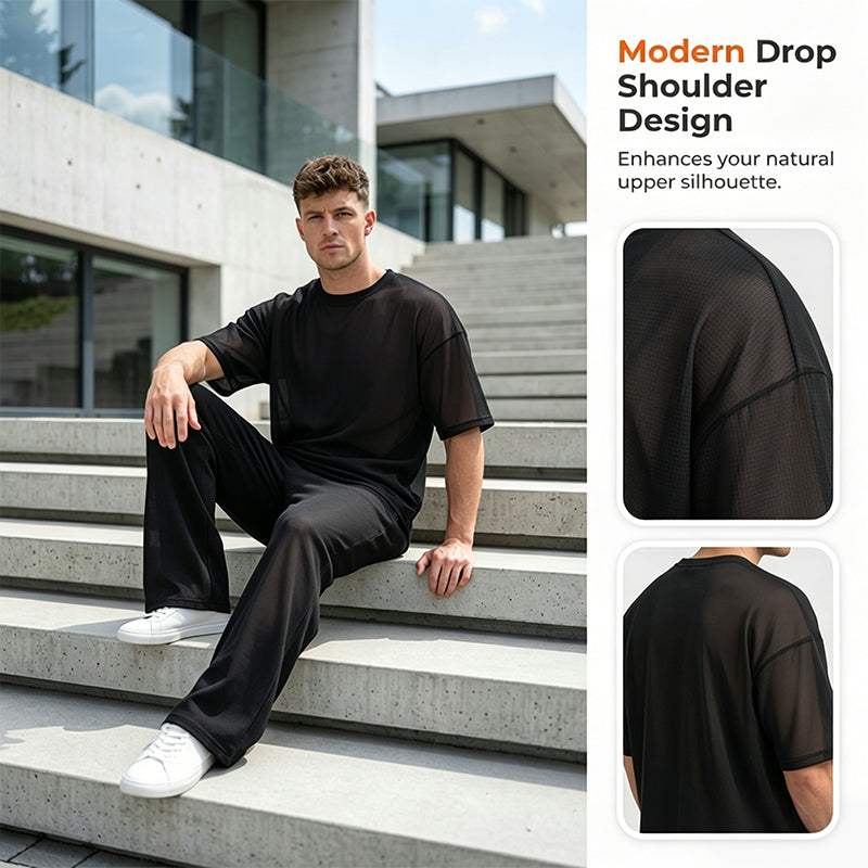 Tweedelige set bestaande uit een T-shirt en een broek met wijde pijpen voor heren