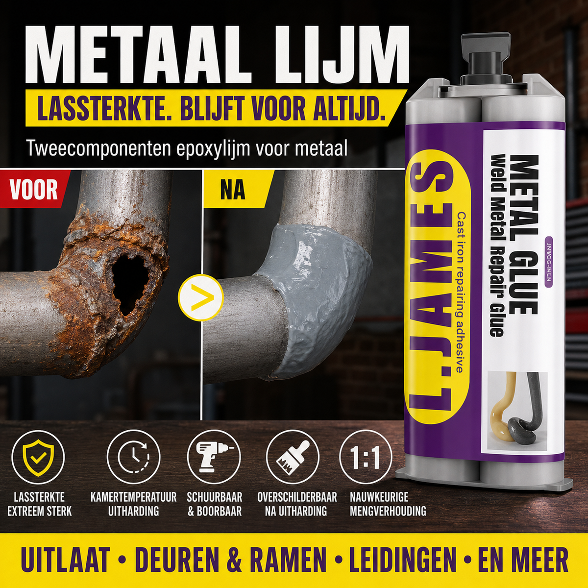 🔩 Koud lasmiddel voor uitlaat & leiding – hittebestendig, slagvast en stopt lekkages voorgoed. Geen lassen nodig.
