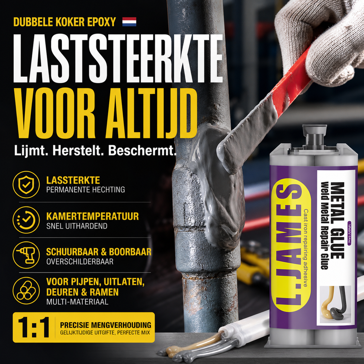 🔩 Koud lasmiddel voor uitlaat & leiding – hittebestendig, slagvast en stopt lekkages voorgoed. Geen lassen nodig.