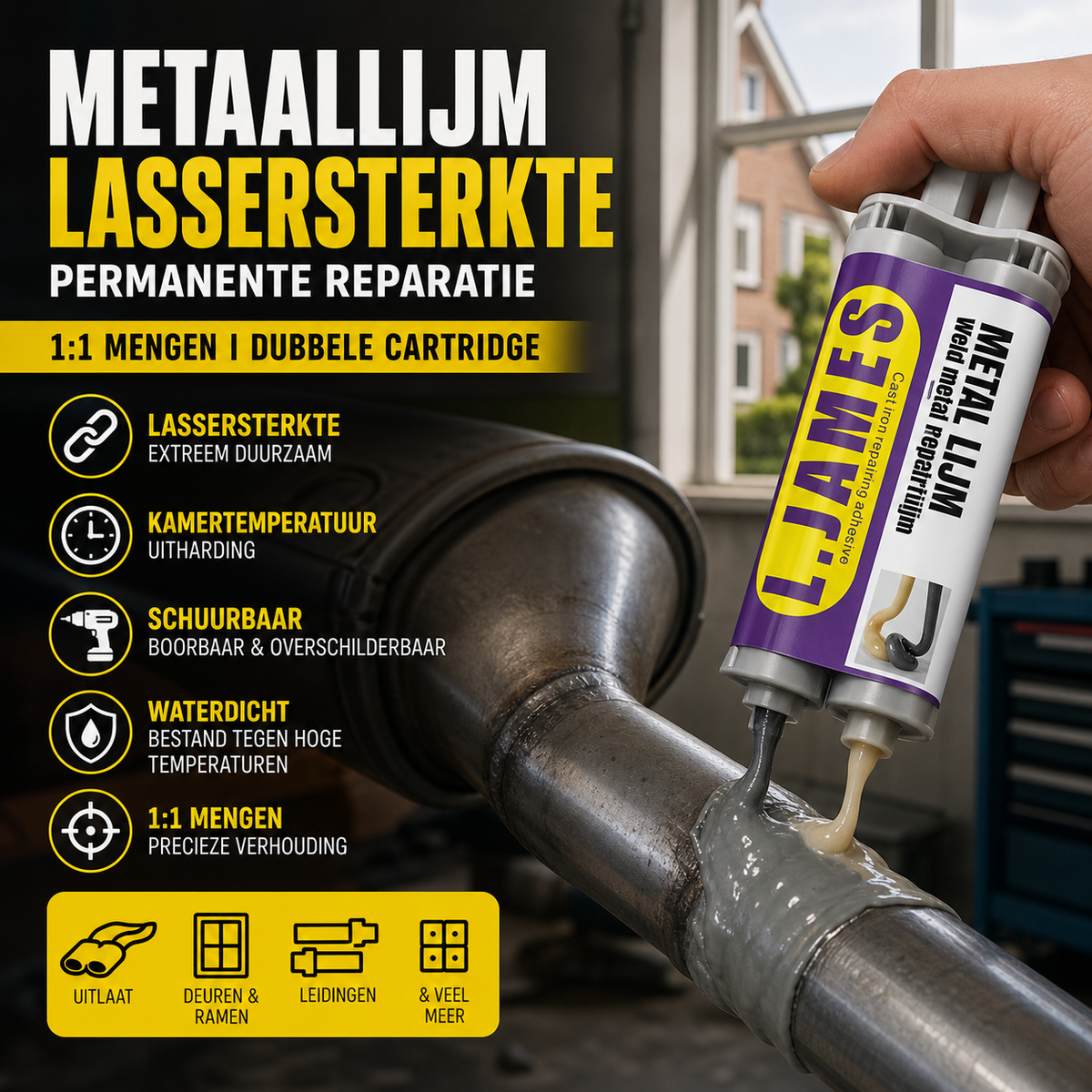 🔩 Koud lasmiddel voor uitlaat & leiding – hittebestendig, slagvast en stopt lekkages voorgoed. Geen lassen nodig.