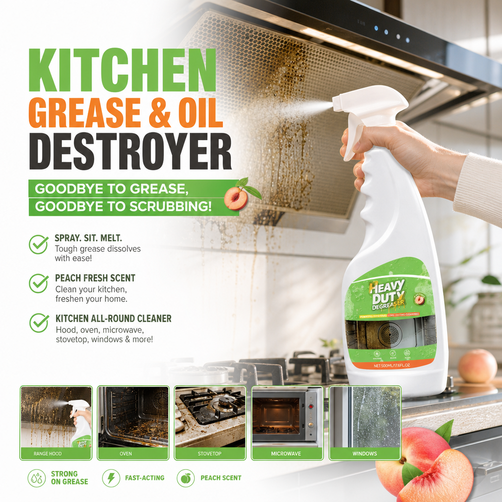 🏆 50% KORTING! 🍑 Krachtige ontvettingsspray voor de keuken – Snelwerkende vetverwijderaar, perfect voor afzuigkappen en met een verfrissende perzikgeur – Eén keer spuiten, en je keuken is weer vlekkeloos schoon ✨