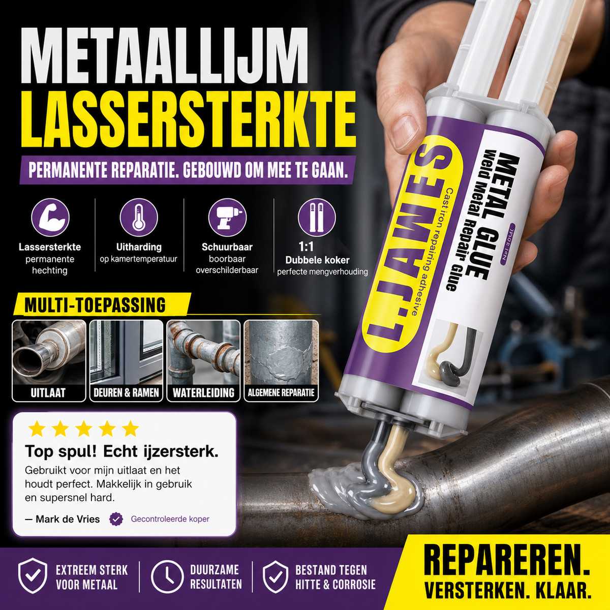 🔩 Koud lasmiddel voor uitlaat & leiding – hittebestendig, slagvast en stopt lekkages voorgoed. Geen lassen nodig.