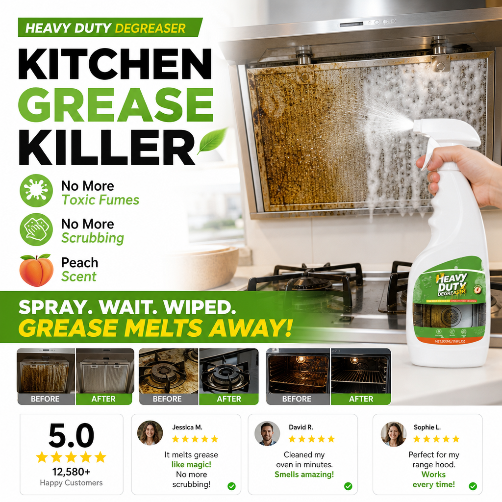 🏆 50% KORTING! 🍑 Krachtige ontvettingsspray voor de keuken – Snelwerkende vetverwijderaar, perfect voor afzuigkappen en met een verfrissende perzikgeur – Eén keer spuiten, en je keuken is weer vlekkeloos schoon ✨