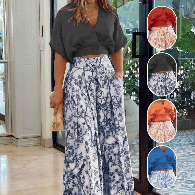 👗 50% korting ✨ Dames-set van twee stukken — top met V-hals + wijde broek met print 🌸