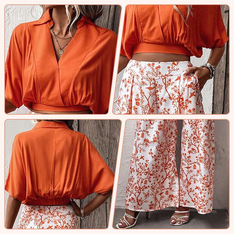 👗 50% korting ✨ Dames-set van twee stukken — top met V-hals + wijde broek met print 🌸