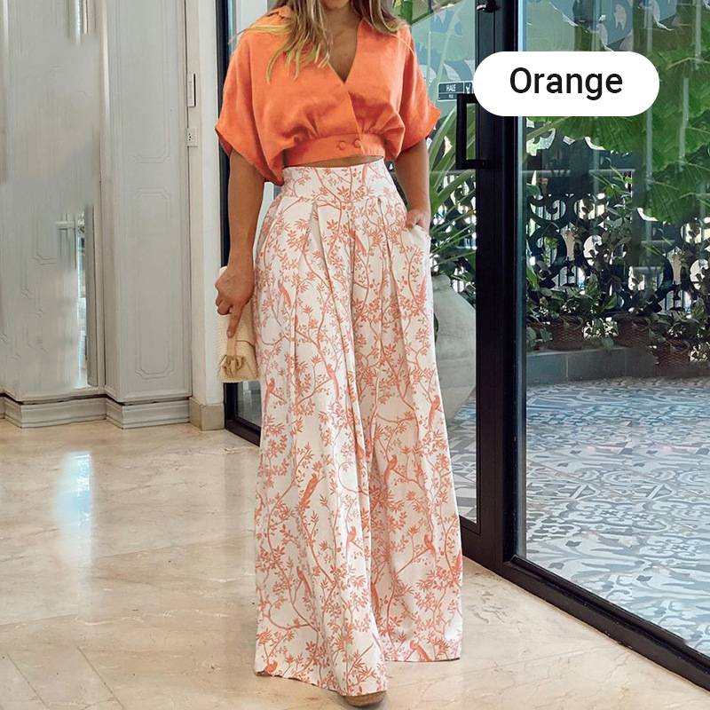 👗 50% korting ✨ Dames-set van twee stukken — top met V-hals + wijde broek met print 🌸