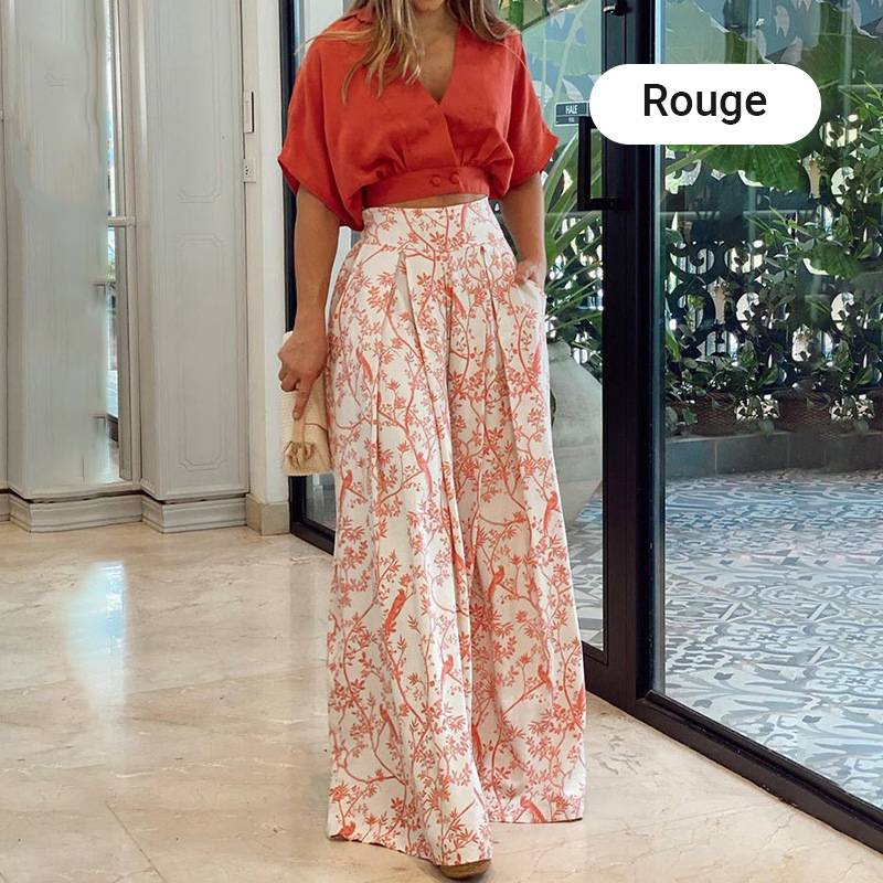 👗 50% korting ✨ Dames-set van twee stukken — top met V-hals + wijde broek met print 🌸