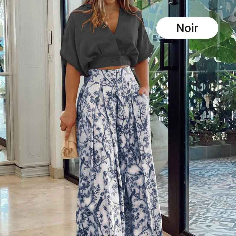 👗 50% korting ✨ Dames-set van twee stukken — top met V-hals + wijde broek met print 🌸