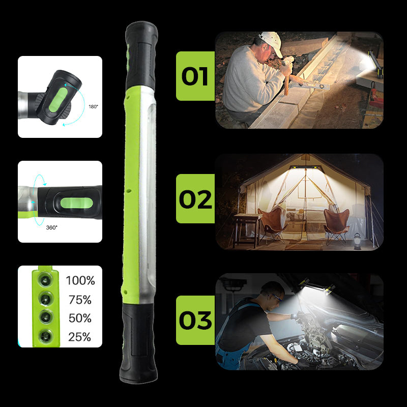 🛠️⚡ Oplaadbare LED-werklamp met haak, 3 standen, twee 2600 mAh-batterijen, meer dan 3 uur brandduur – robuust en draagbaar.