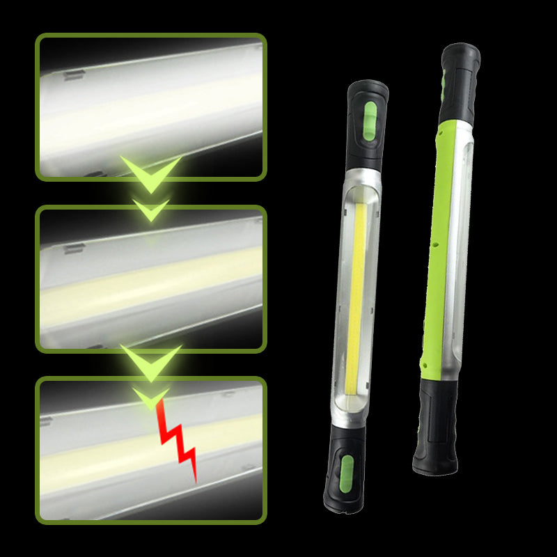🛠️⚡ Oplaadbare LED-werklamp met haak, 3 standen, twee 2600 mAh-batterijen, meer dan 3 uur brandduur – robuust en draagbaar.