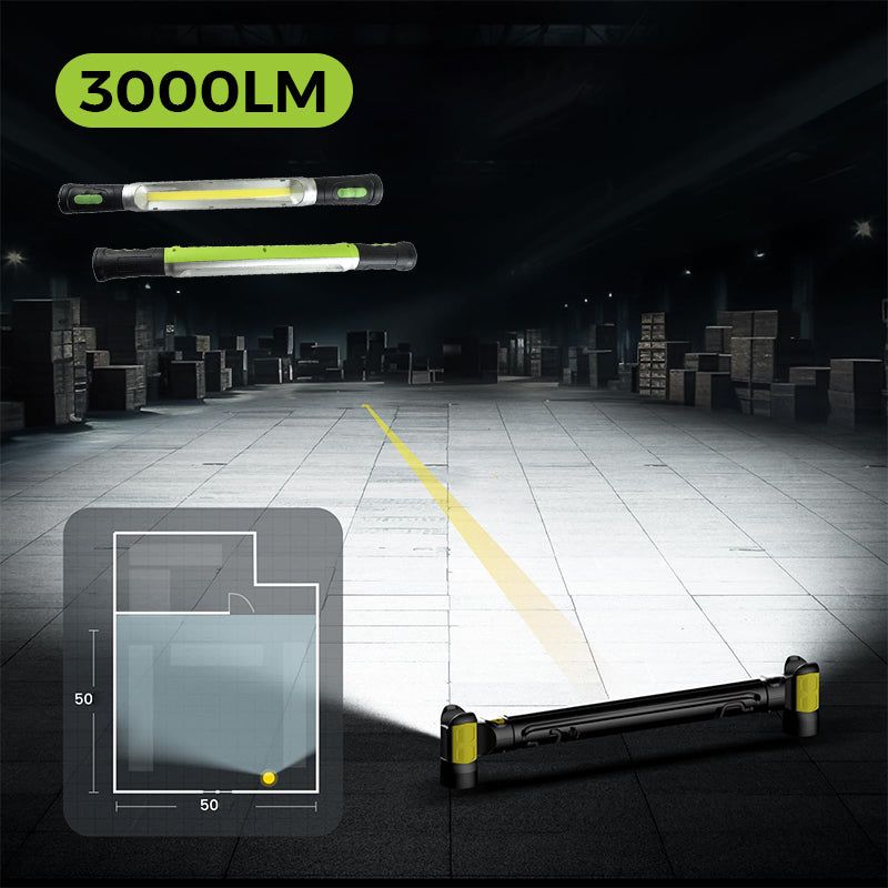 🛠️⚡ Oplaadbare LED-werklamp met haak, 3 standen, twee 2600 mAh-batterijen, meer dan 3 uur brandduur – robuust en draagbaar.
