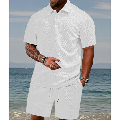 👕 Heren tweedelig pak met diamantstructuur: Korte mouwen overhemd met kraag & shorts met trekkoord 🌿