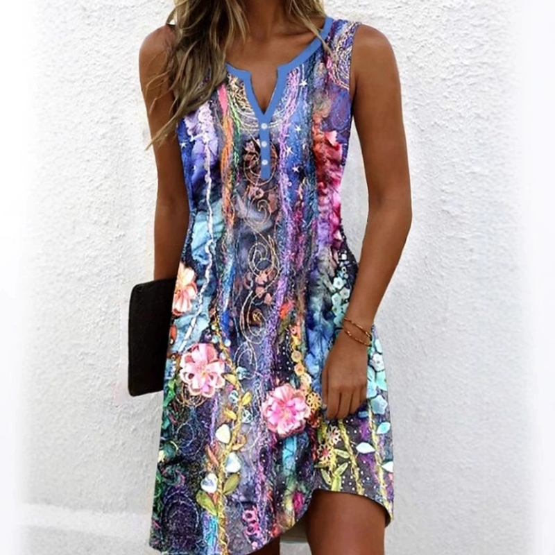 Damesjurken met mouwen met v -neckline en print