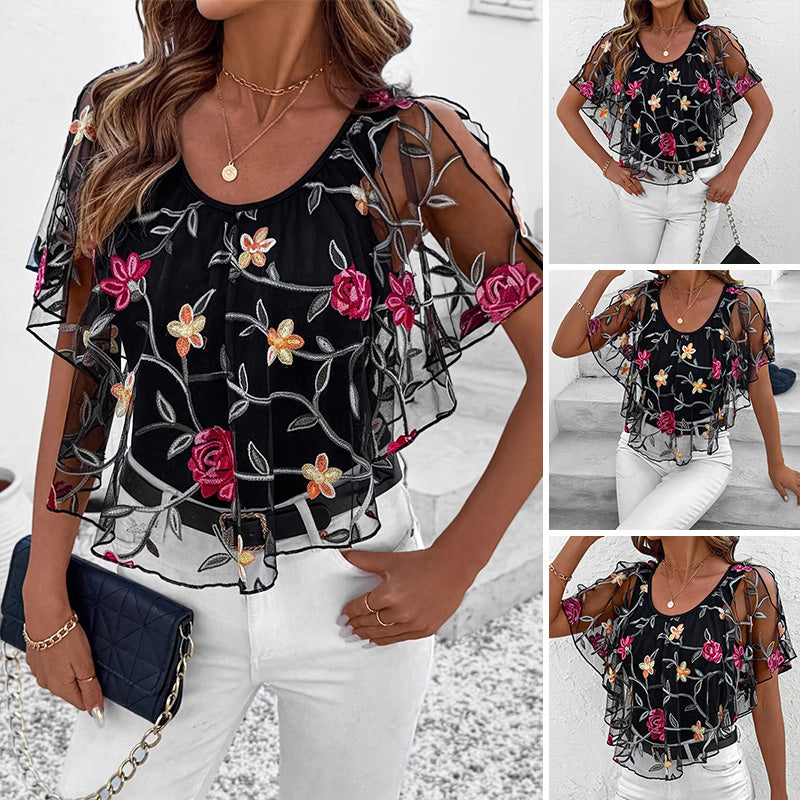 Damestop met print van mesh en patchwork