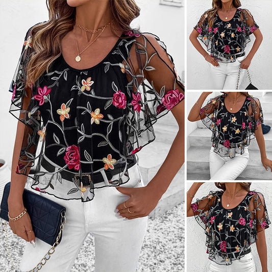 Damestop met print van mesh en patchwork
