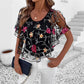 Damestop met print van mesh en patchwork