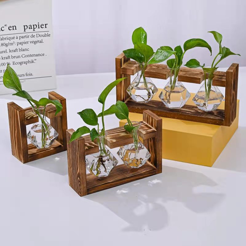 🌿 Rustieke Houten Standaard Hydrocultuur Vazen – Planten Kweken Zonder Aarde | Landelijke Decoratie voor Thuis, Kantoor & Keuken