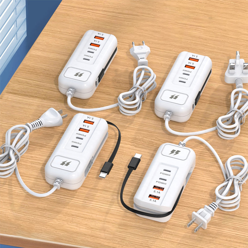 🎄⚡ ALTIJD 50% KORTING! Dit 66W Europese snellaadstopcontact met 2 PD + 2 USB en ingebouwde Type-C kabel laadt 4 apparaten tegelijk – nooit meer te weinig stopcontacten of losse kabels, veilig en compact!