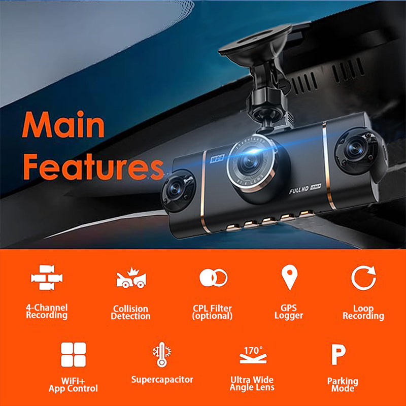 4-kanaals HD dashcam met opnames van voor, interieur en achter