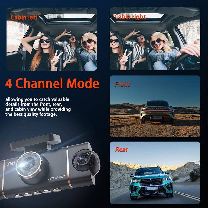 4-kanaals HD dashcam met opnames van voor, interieur en achter