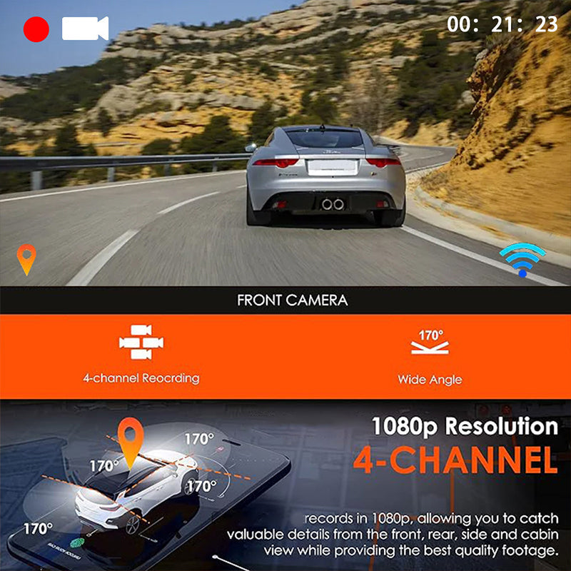 4-kanaals HD dashcam met opnames van voor, interieur en achter