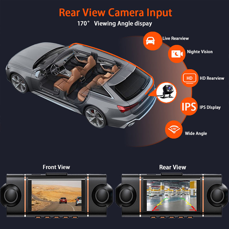4-kanaals HD dashcam met opnames van voor, interieur en achter