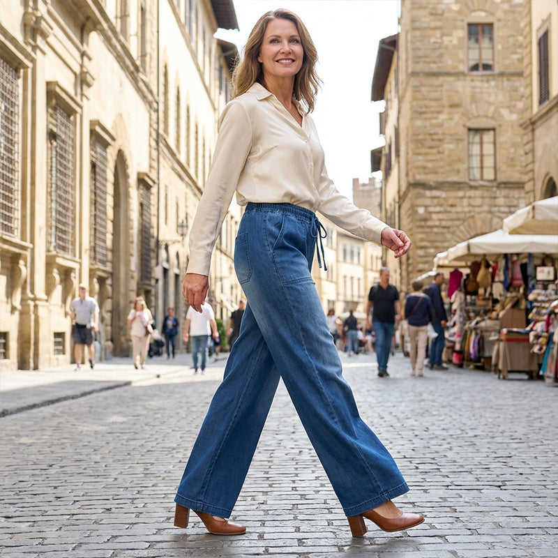 🥰👖Damesjeans met trekkoord in de taille en wijde pijpen