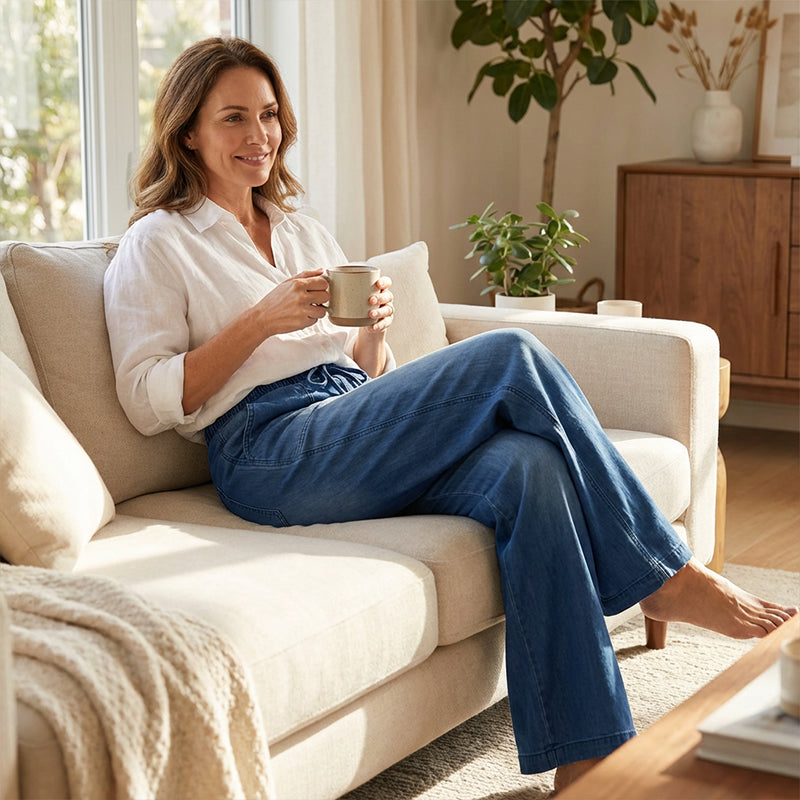 🥰👖Damesjeans met trekkoord in de taille en wijde pijpen