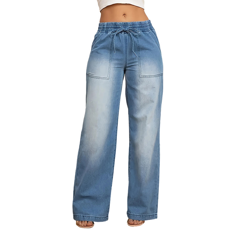 🥰👖Damesjeans met trekkoord in de taille en wijde pijpen