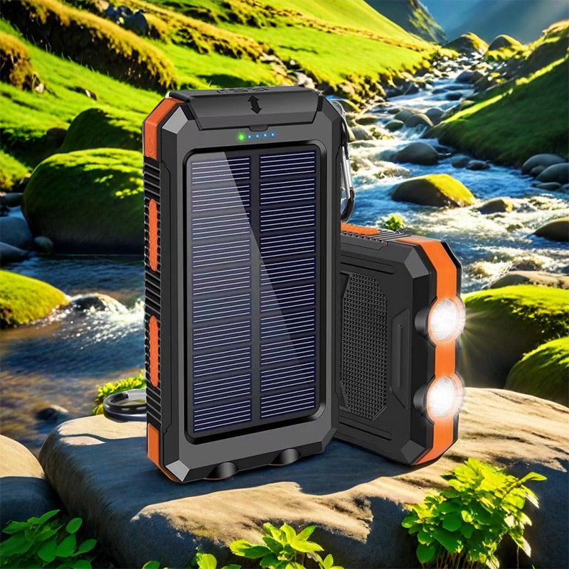 Draagbare powerbank op zonne-energie, oplader op zonne-energie met twee LED-zaklampen, powerbank voor op reis en kamperen
