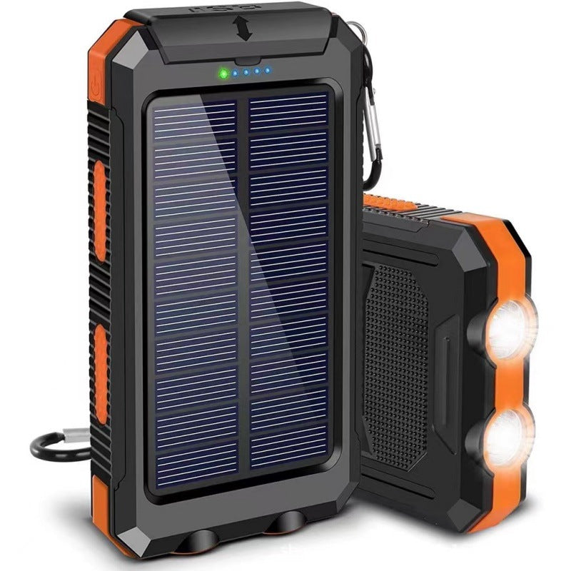Draagbare powerbank op zonne-energie, oplader op zonne-energie met twee LED-zaklampen, powerbank voor op reis en kamperen