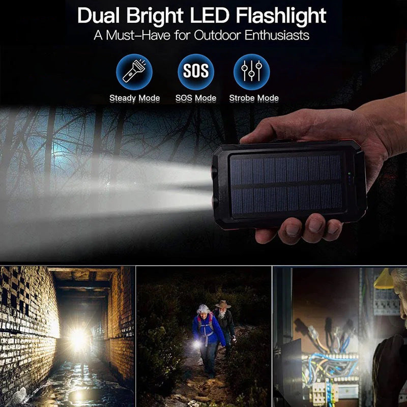 Draagbare powerbank op zonne-energie, oplader op zonne-energie met twee LED-zaklampen, powerbank voor op reis en kamperen