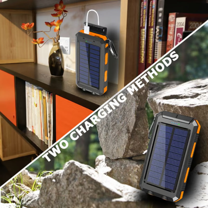Draagbare powerbank op zonne-energie, oplader op zonne-energie met twee LED-zaklampen, powerbank voor op reis en kamperen
