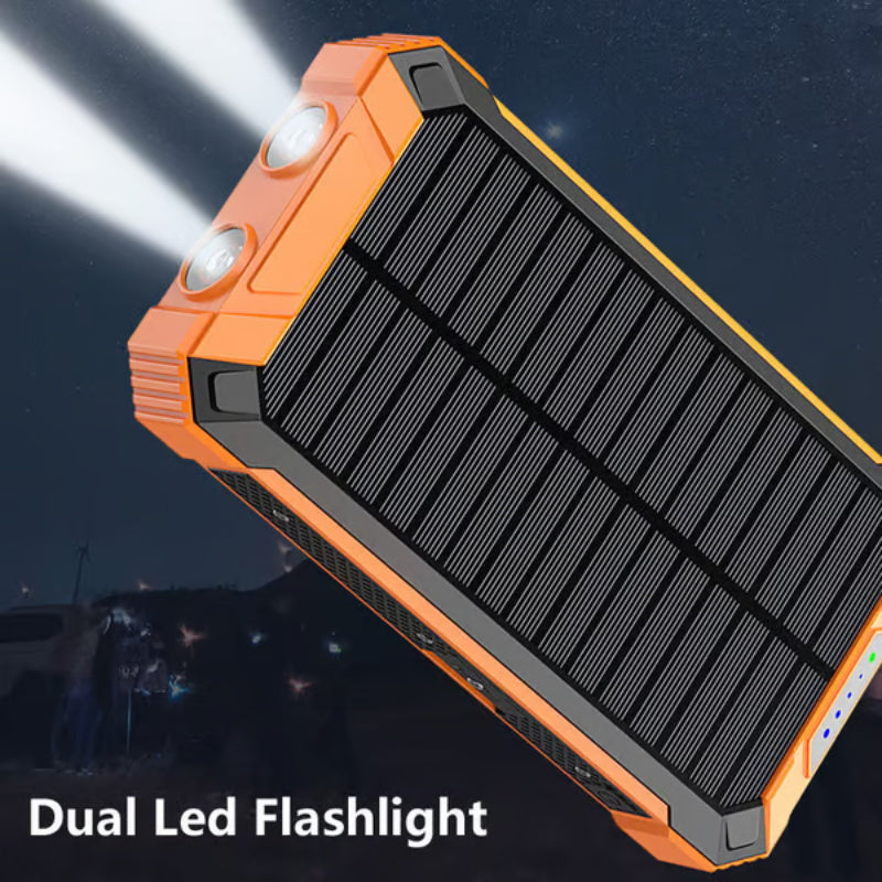 Draagbare powerbank op zonne-energie, oplader op zonne-energie met twee LED-zaklampen, powerbank voor op reis en kamperen