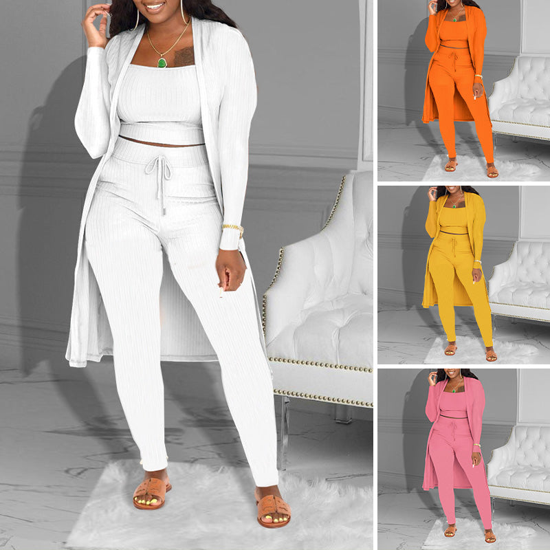 Casual 3-delige gebreide set – cropped top, vest en broek